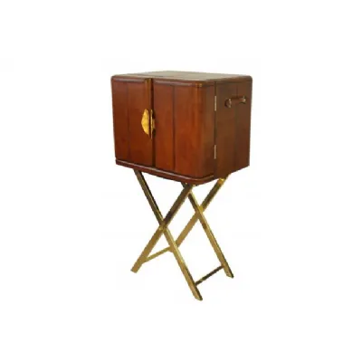 Handcrafted Brown Leather and Brass Folding Bar Cabinet with Stand