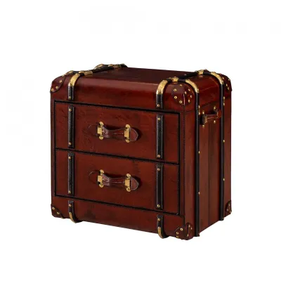 Brown Handcrafted Leather 2 Drawer Side Table Trunk with Brass Accents