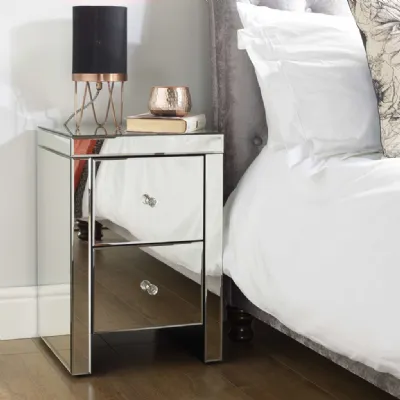 Mirrored 2 Drawer Bedside with Crystal Handle