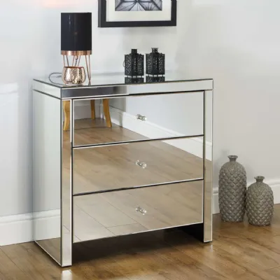 Mirrored Glass Chest of 3 Drawers with Crystal Handles