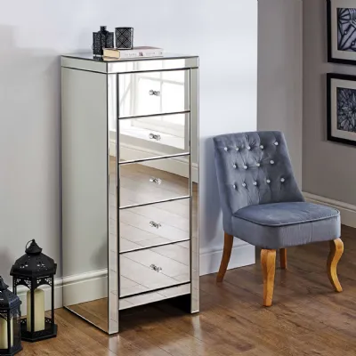 Mirrored Glass Narrow Chest of 5 Drawers Tallboy