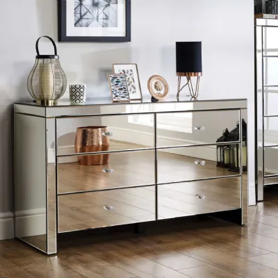 Mirrored Glass Chest of 6 Drawers Crystal Handles