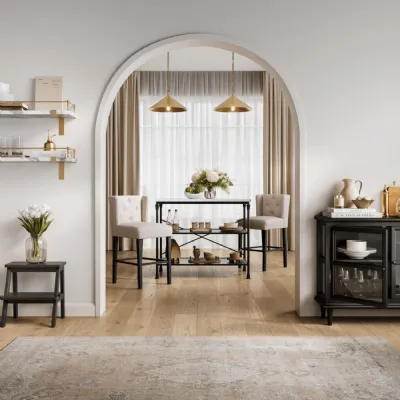 Traditional Beige Linen Upholstered Winged Counter Bar Stool with Black Legs
