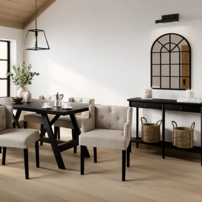 Modern Beige Linen Fabric Upholstered Winged Dining Chair with Arms