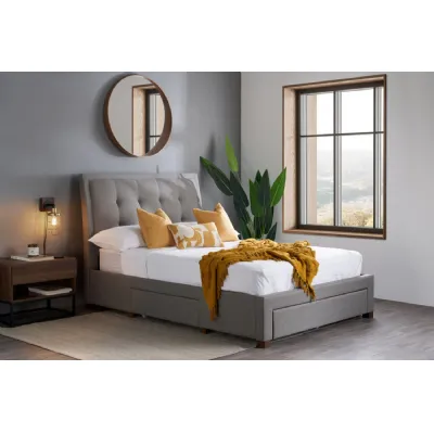 Grey Fabric 3 Drawer King Size Bed Buttoned Headboard