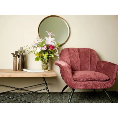 Modern Chenille Upholstered Red Cocktail Armchair with Curved Backrest