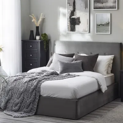Grey Velvet Upholstered 5ft King Size Ottoman Storage Bed with High Headboard