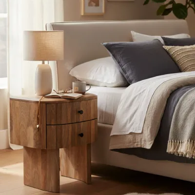 Modern Mango Wood 2 Drawer Side Lamp Table