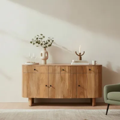 Modern Curved Solid Mango Wood 3 Door 3 Drawer Sideboard