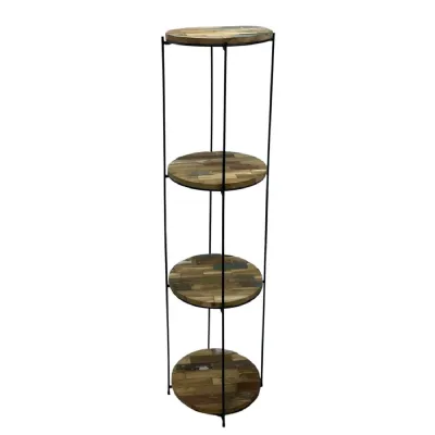 Industrial Round Recycled Wood 4 Tier Display Shelf with Steel Frame