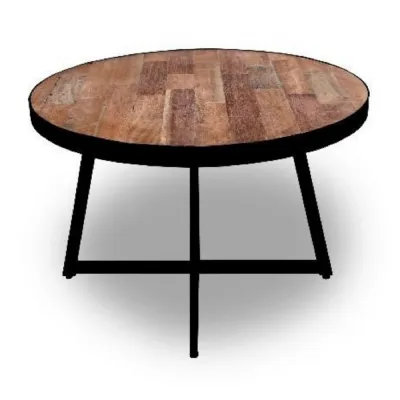 Modern Natural Wood Round Coffee Table with Black Steel Base