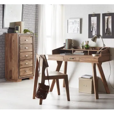 Natural Sheesham Wood Study Desk with Drawer and Wooden Legs
