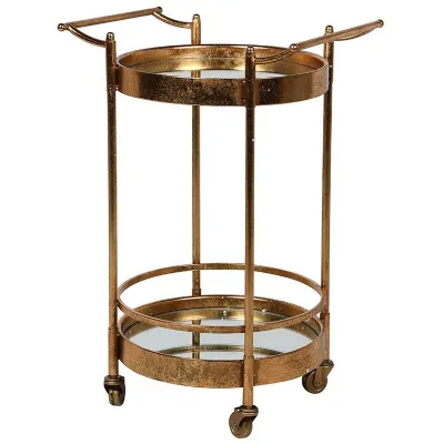 Gold Bronze Small Round Bar Drinks Serving Trolley Mirrored Glass Shelves