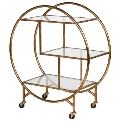 Art Deco Round Gold Finished Glass Shelf Bar Drinks Serving Trolley