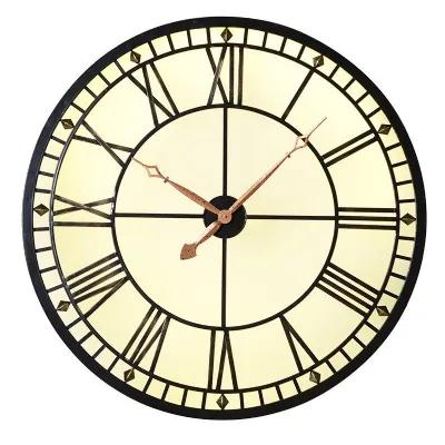 Lit Vintage Style Metal Round Gold Analogue Wall Clock Roman Numerals