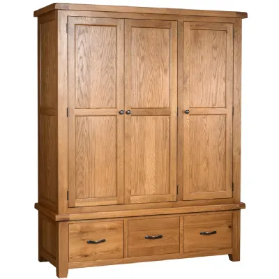 Oak 3 Door 3 Drawer Triple Wardrobe 191cm Tall