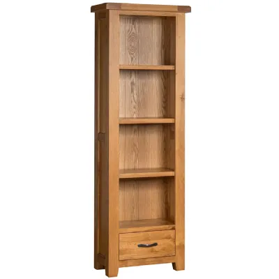 Waxed White Oak 1 Drawer Tall Slim Narrow Bookcase