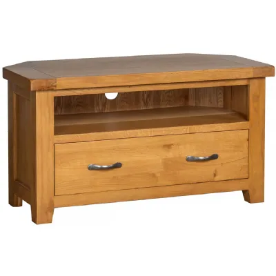 White Oak Waxed 1 Drawer Corner TV Media Unit