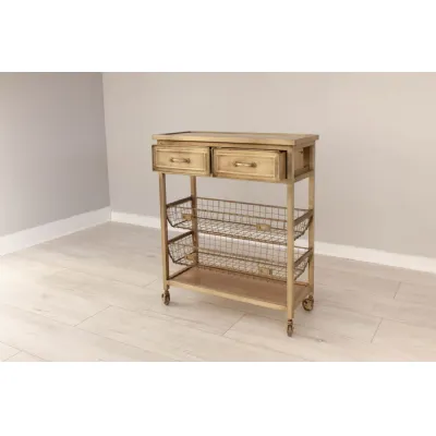 Aged Brass Steel 2 Drawer Kitchen Trolley on Wheels