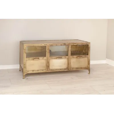 Aged Brass Steel Wide Sideboard with Glass Front