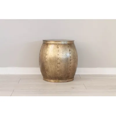 Aged Brass Steel Drum Shaped Round Coffee Table