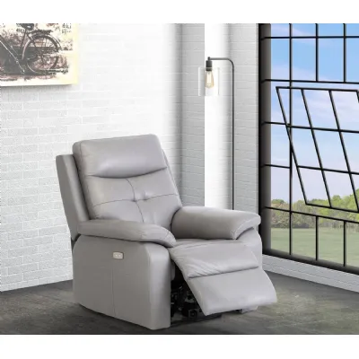 Grey Leather Electric Power Recliner with USB Charger