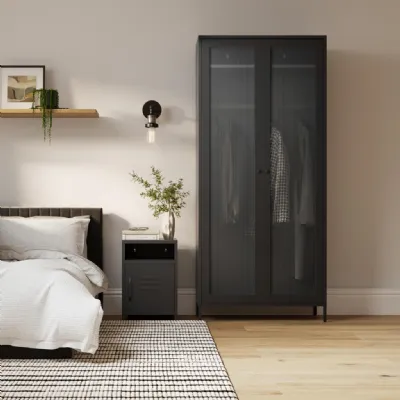 Black Steel 2 Door Double Wardrobe with Reeded Glass Panels