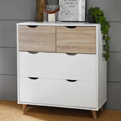 White and Oak Matt Finish 4 Drawer Chest with Cut Out Handle