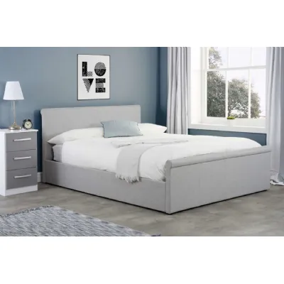 Grey Fabric King Size Side Ottoman Bed Scrolling Headboard