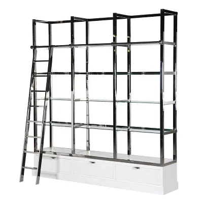 White and Chrome Library Bookcase Shelves Unit With Ladder