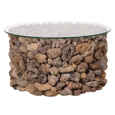 Round Driftwood Coffee Table With Glass Top 75cm Diameter