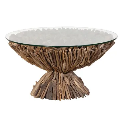 Round Pedestal Driftwood Coffee Table With Glass Top