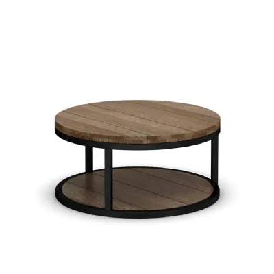 Natural Oak Solid Oak Round Coffee Table with Black Metal Frame and Open Shelf
