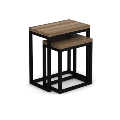 Industrial Solid Oak Nest of 2 Tables with Black Metal Frame