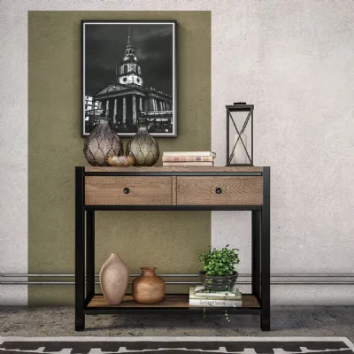 Industrial Natural Solid Oak 2 Drawer Console Table with Black Metal Frame