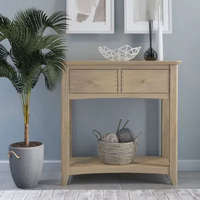 Traditional Natural Solid Oak 2 Drawer Console Table with Lower Shelf