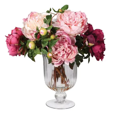Shades Of Pink Peonies Arranged In Ribbed Footed Glass Vase