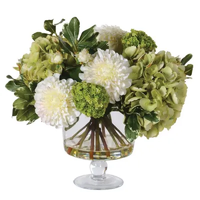 Mixed White And Greens Hydrangeas And Dahlia Floral Arrangement In Glass Footed Bowl