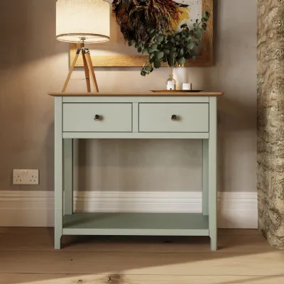 Taberno Oak 2 Drawer Console Hallway Table Sage Green