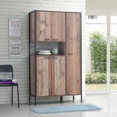 Kitchen Cabinet Larder Unit 5 Doors Distressed Oak Effect Black Metal Framed Industrial