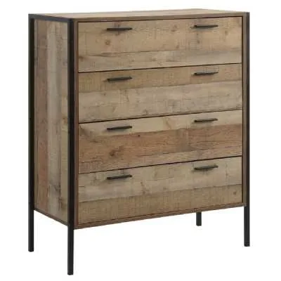 Distressed Oak Effect Chest of 4 Drawers Rustic Industrial Metal Framed
