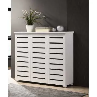 Wooden White Painted 3 Door 4 Shelf Slatted Shoe Storage Cupboard 93.8 x 114cm