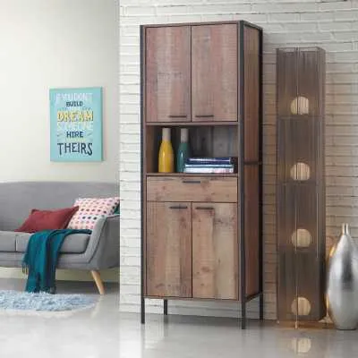 Rustic Medium Oak Effect Tall 4 Door 1 Drawer Tall Storage Cabinet Metal Framed