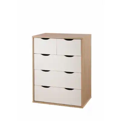 Simple Modern Oak and White 2 Over 3 Chest of 5 Drawers Cut Out Handles 78 x 60cm