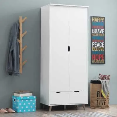 White Finish 2 Door Double Gents Wardrobe With 2 Drawers on Tapered Legs