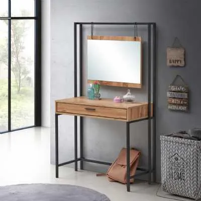 Modern Style Oak Wood And Black Metal Dressing Table With Mirror 150 x 83.8cm