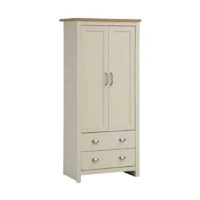 Cream 2 Door Double Wardrobe with 2 Drawers Oak Effect Top 181cm Tall