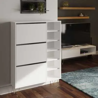 White 3 Drawer Shoe Cabinet with Side Shelves Gold Metal Hairpin Legs
