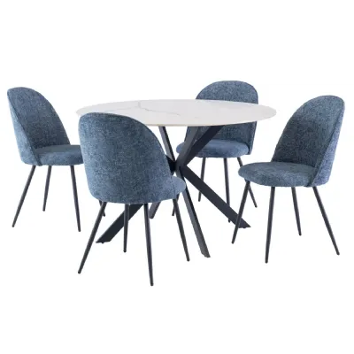 White Marble Effect Stone Round Dining Table Cross Legs 1.2m