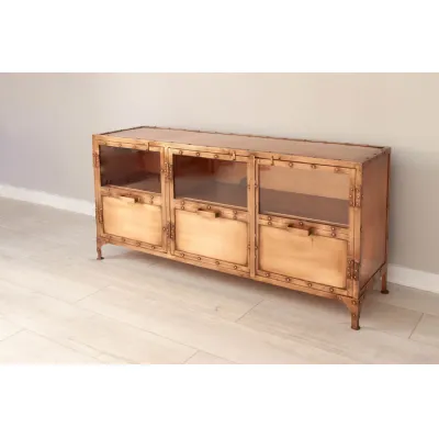 Antique Copper Steel Wide Sideboard Glass Front